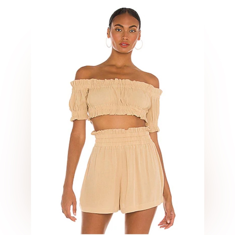Lovers and Friends Tan Ruffled Off Shoulder Blouse and Shorts Top is S Bottom XS